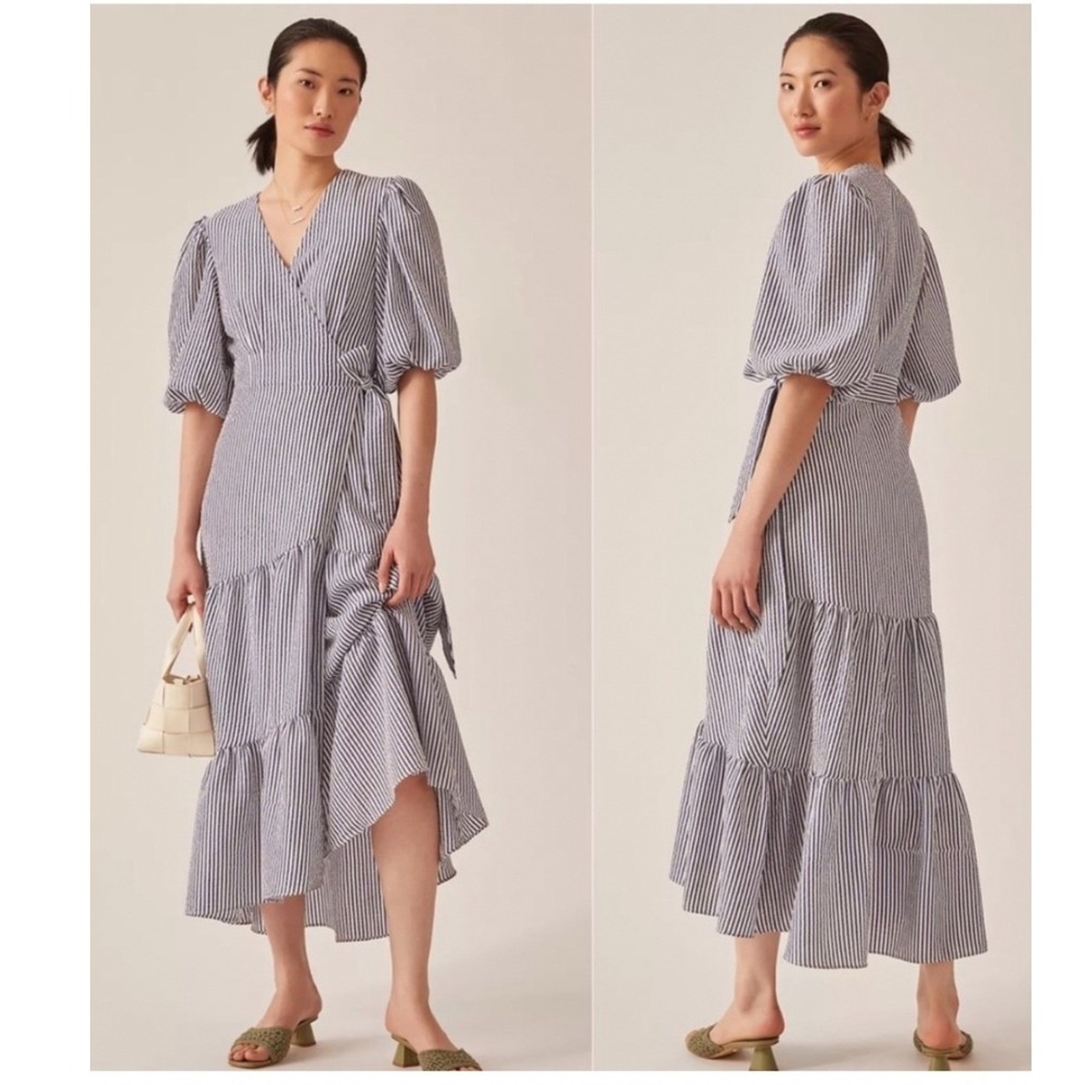 Hutch Seersucker Wrap Dress Womens Small Petite Blue White Excellent Tiered Midi